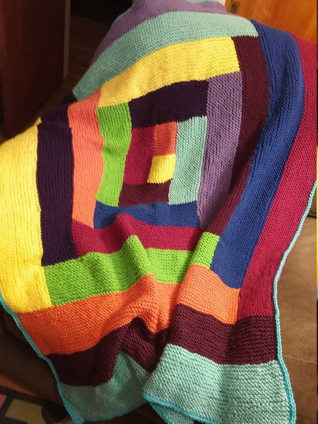 Knitted Multi-Colored Log Cabin Style Afghan